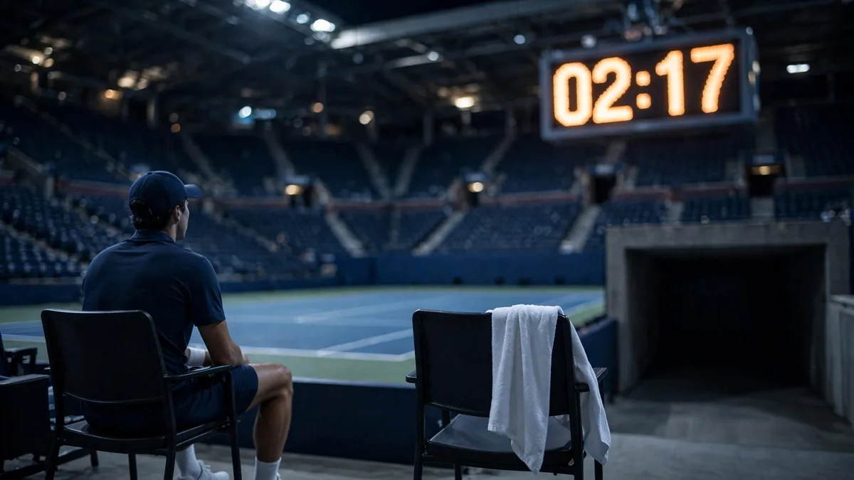 A generic tennis player seen from behind sitting on a courtside chair in a night-session stadium, watching a large glowing match clock while the chair beside him sits empty with a towel draped over it and a dark tunnel behind, editorial graphic