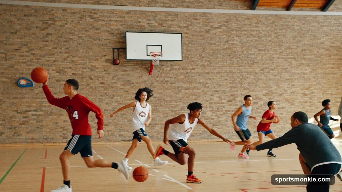 Youth basketball team spaced around the perimeter running a motion offense