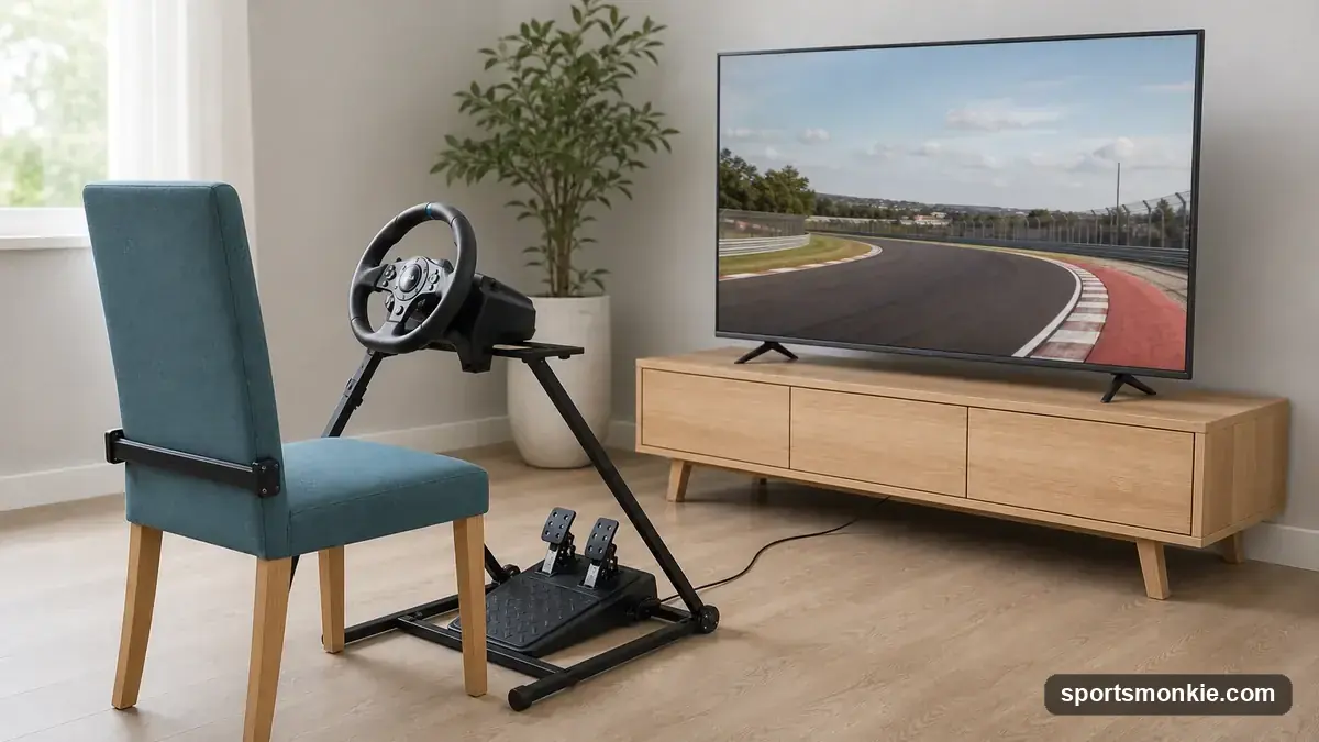 A budget sim racing wheel and pedal set clamped to a home desk next to a gaming chair