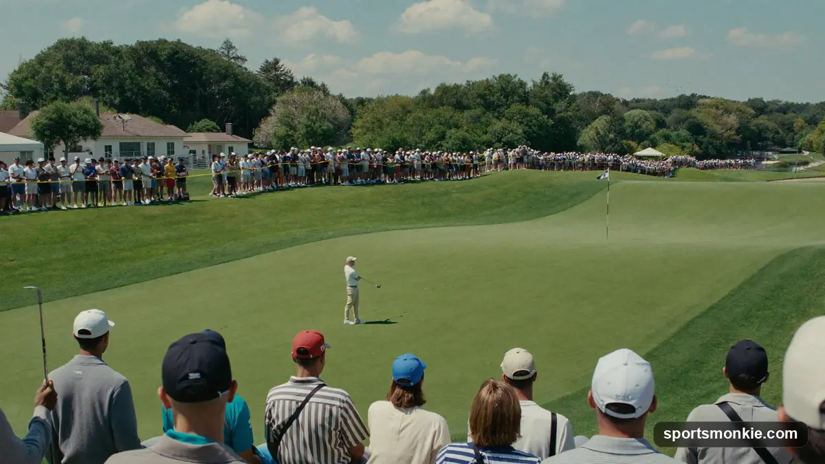 A famous athlete in casual golf attire lining up a shot on a fairway during a celebrity pro-am