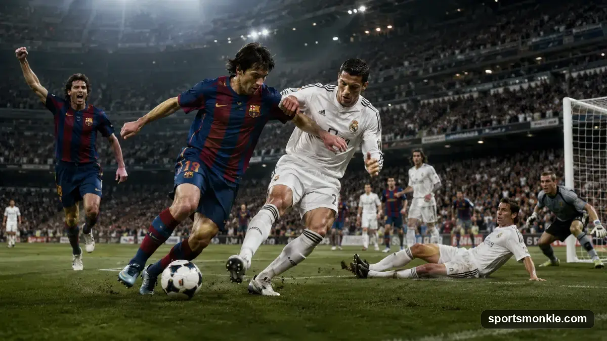 Barcelona and Real Madrid players competing in a packed El Clásico match