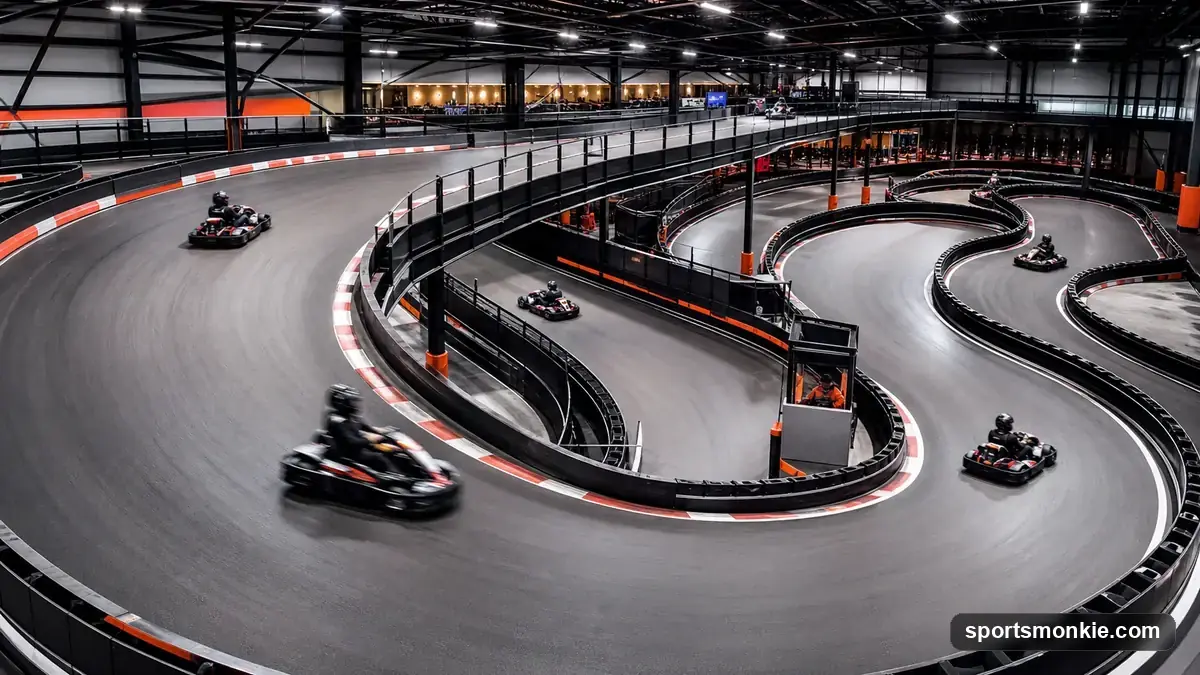 Racers in electric go-karts navigating a banked turn on an indoor multi-level karting track