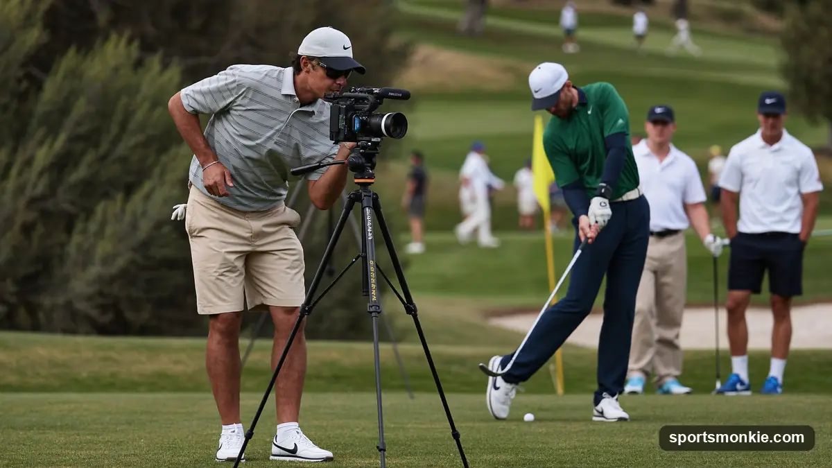 a golfer filming a swing with a camera on a tripod at the range