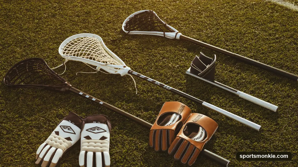 An assortment of lacrosse sticks, heads and helmets from different equipment brands