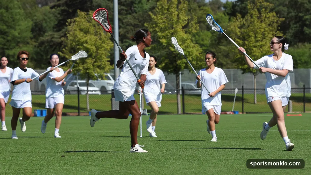 Beginner players practicing passing on a field, each holding a complete lacrosse stick