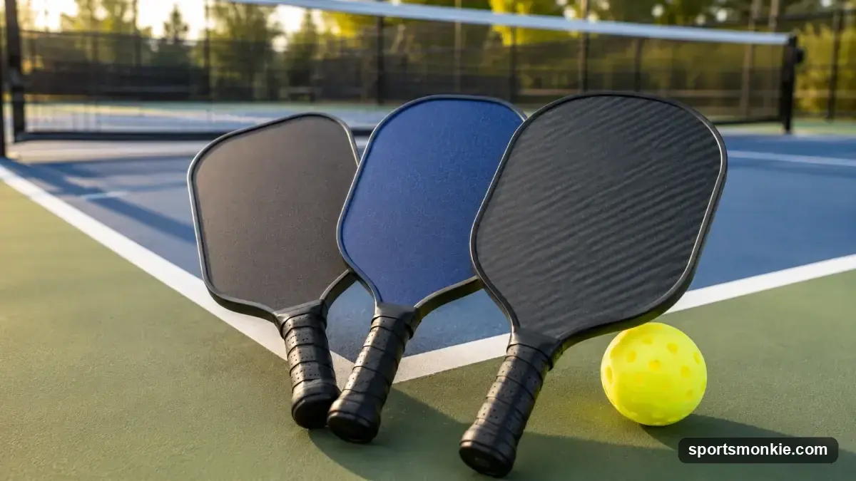 Three pickleball paddles fanned out on a court next to a ball, representing control, all-court, and power options