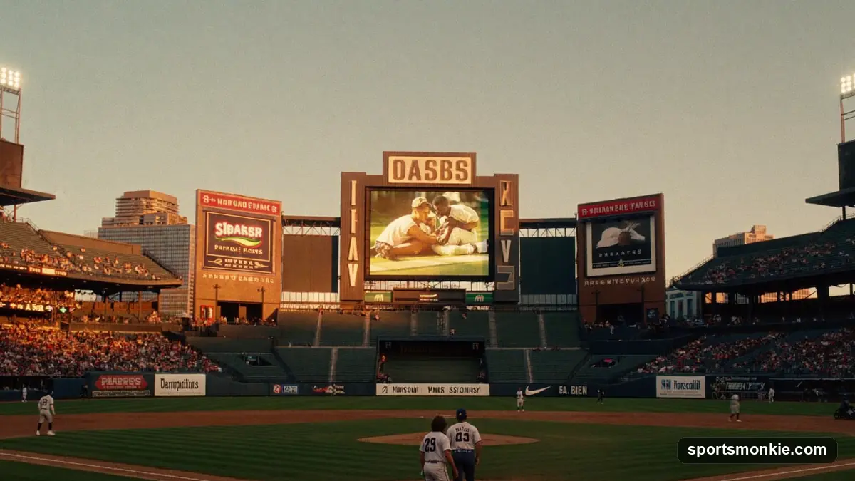 Baseball resting on the infield dirt near a base with a sunlit stadium behind