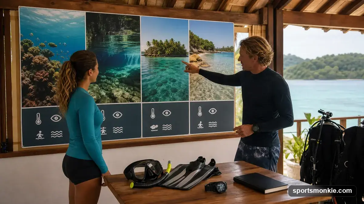 A beginner scuba diver practicing buoyancy over a shallow, clear-water coral reef with a dive instructor nearby