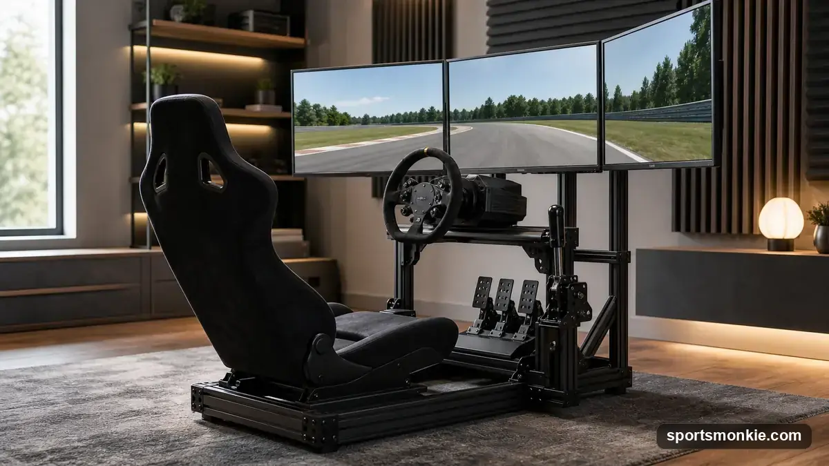 A folding sim racing cockpit with a steering wheel, pedals and bucket seat set up in a small apartment room