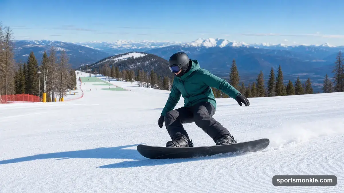 A row of beginner all-mountain snowboards standing upright in fresh snow at a resort