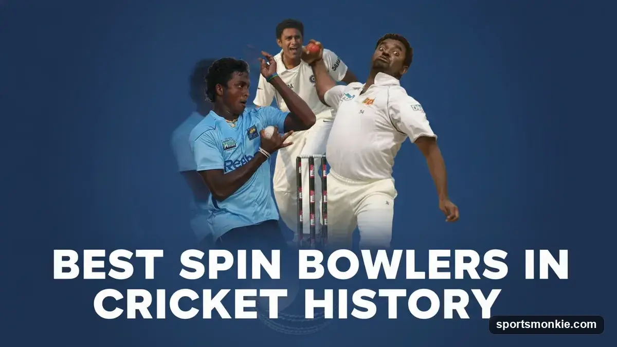 Composite of Test cricket's greatest spin bowlers in their delivery strides