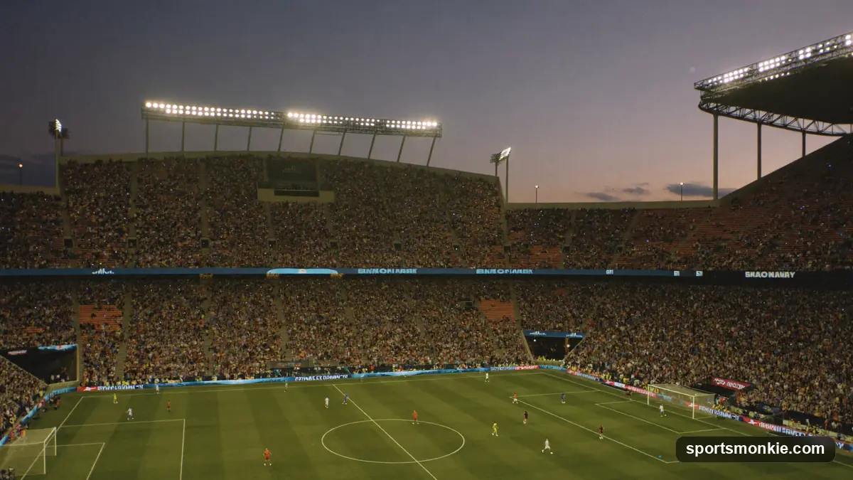 A packed football stadium at night with fans filling every tier under floodlights