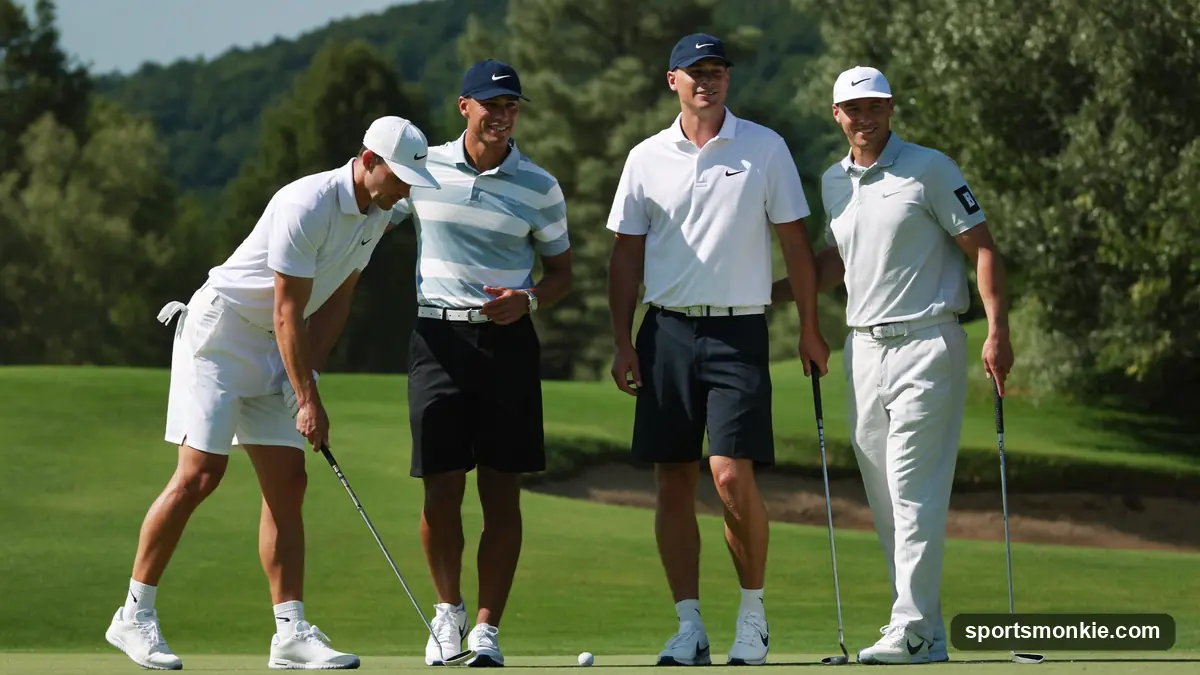 Four golfers standing on a green watching a putt during a friendly group round