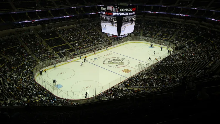 File photo from September 22, 2010: the inside of Pittsburgh's arena, now called PPG Paints Arena, where Cooper Black makes his NHL debut tonight. It is a 2010 venue file photo under the arena's former name, Consol Energy Center, and does not show Black or tonight's game.