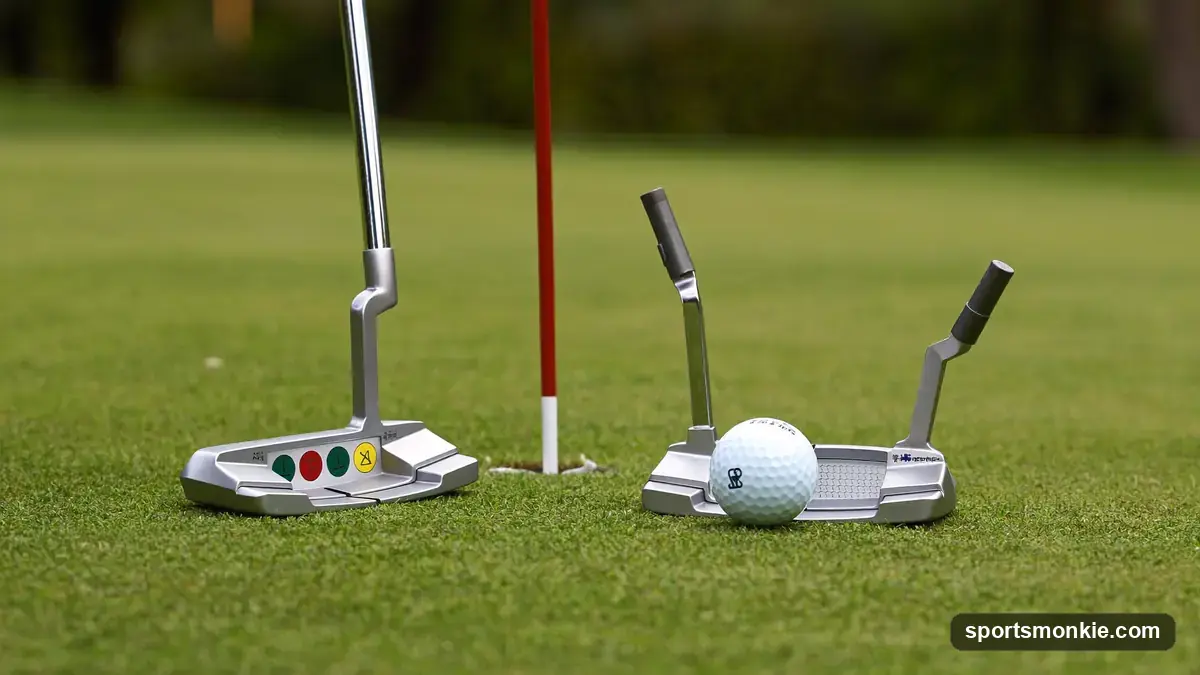 A blade putter and a mallet putter side by side on a putting green