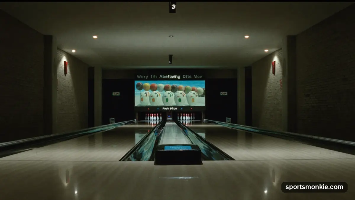 Ten-pin bowling lane viewed from the approach, arrows and pins in the distance