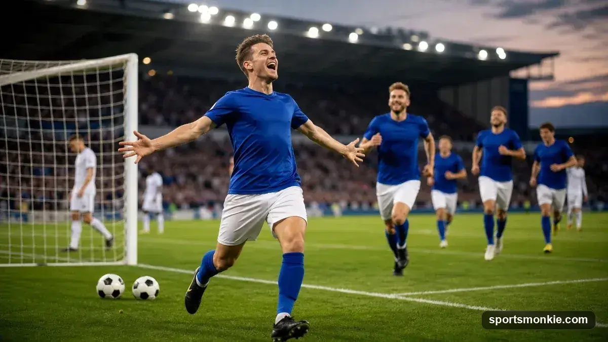 A soccer player celebrating after scoring, ball in mid-air, representing a brace (two goals in a match)