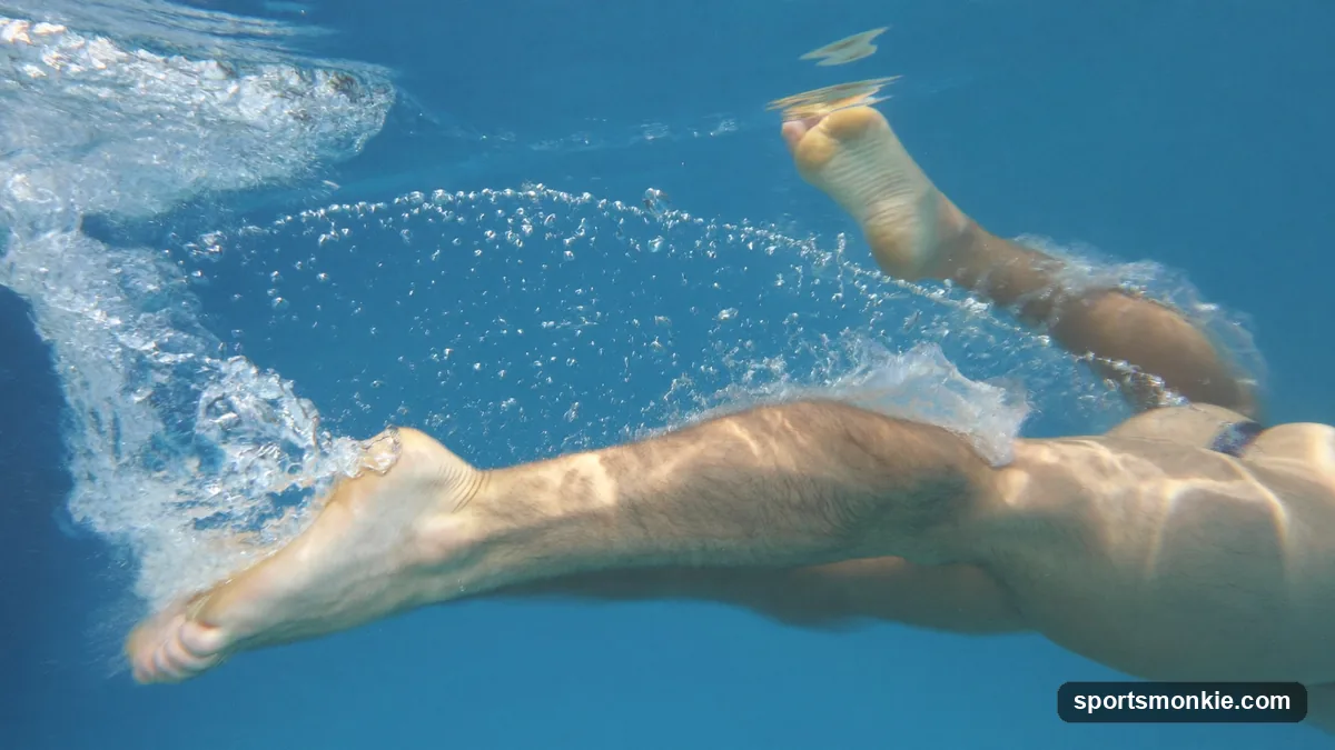 Underwater view of a swimmer performing the breaststroke whip kick with heels drawn up and feet turned outward