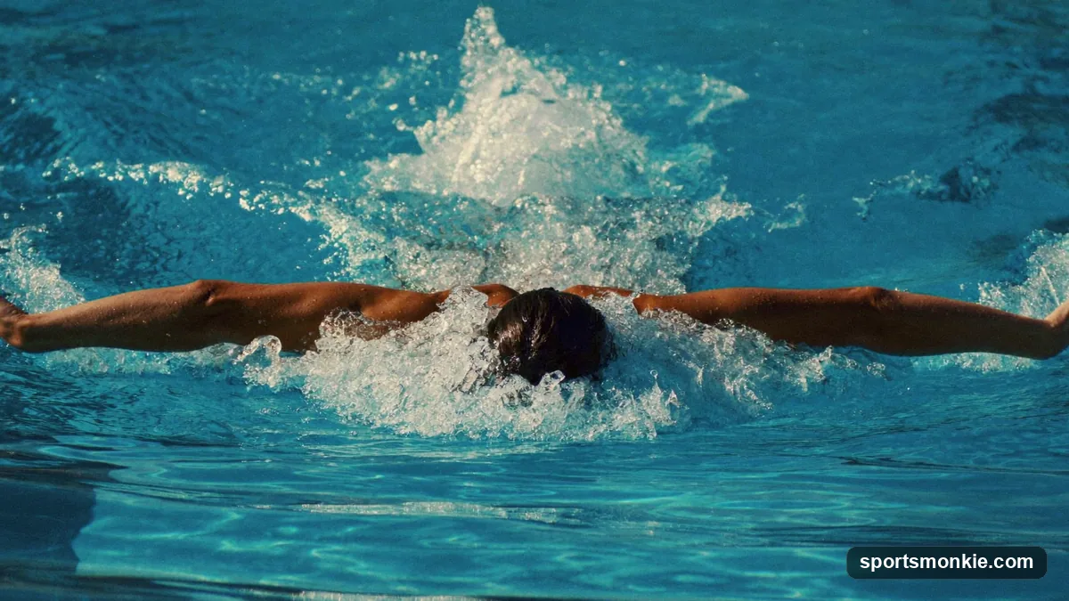 Swimmer demonstrating the breaststroke pull and breathe phase with chest lifted and hands sweeping inward