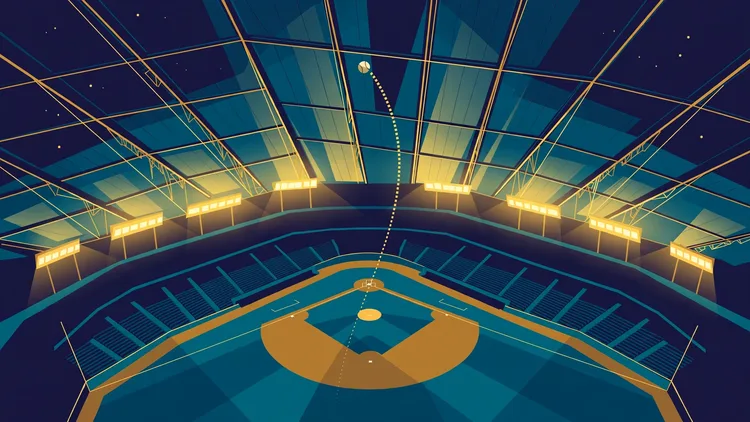 Domed baseball stadium interior at night with a fly ball arcing toward the roof cables, editorial graphic for Brewers vs Padres NLDS Game 1