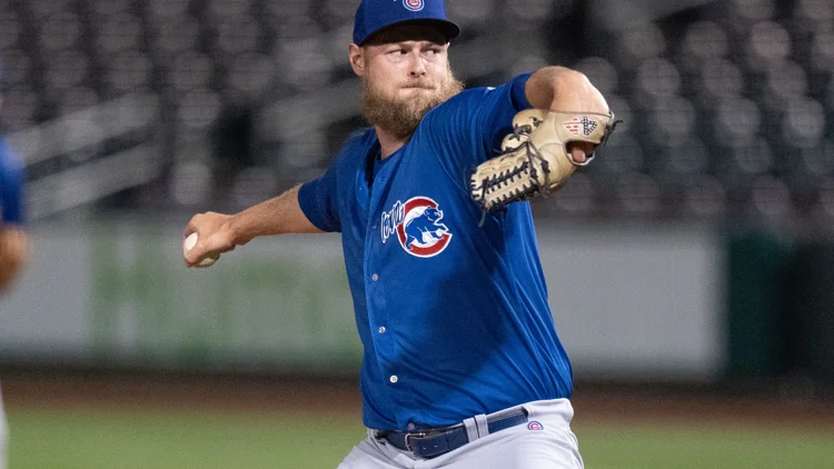 File photo from 1 June 2021: Trevor Megill pitching for the Iowa Cubs. It was not taken at the World Series Game 1 in Milwaukee.