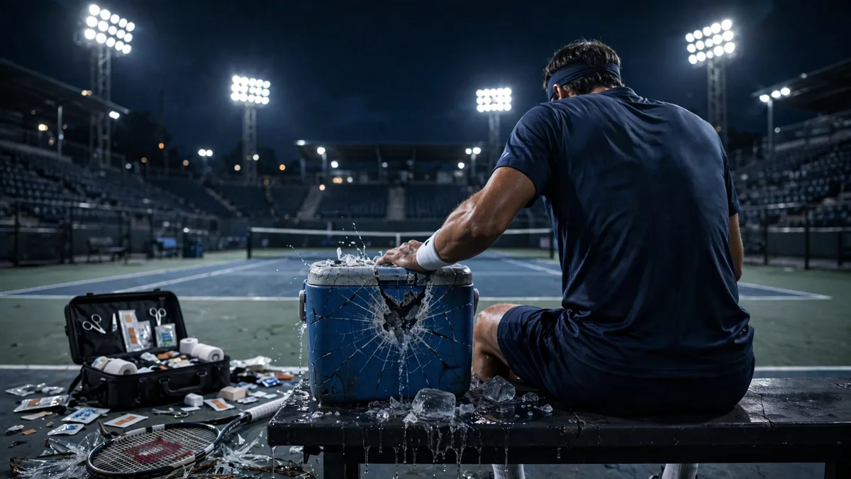 A generic tennis player seen from behind at a courtside bench at night, a smashed racket on the court beside him and his hand pressed to a cracked courtside drinks cooler, editorial graphic