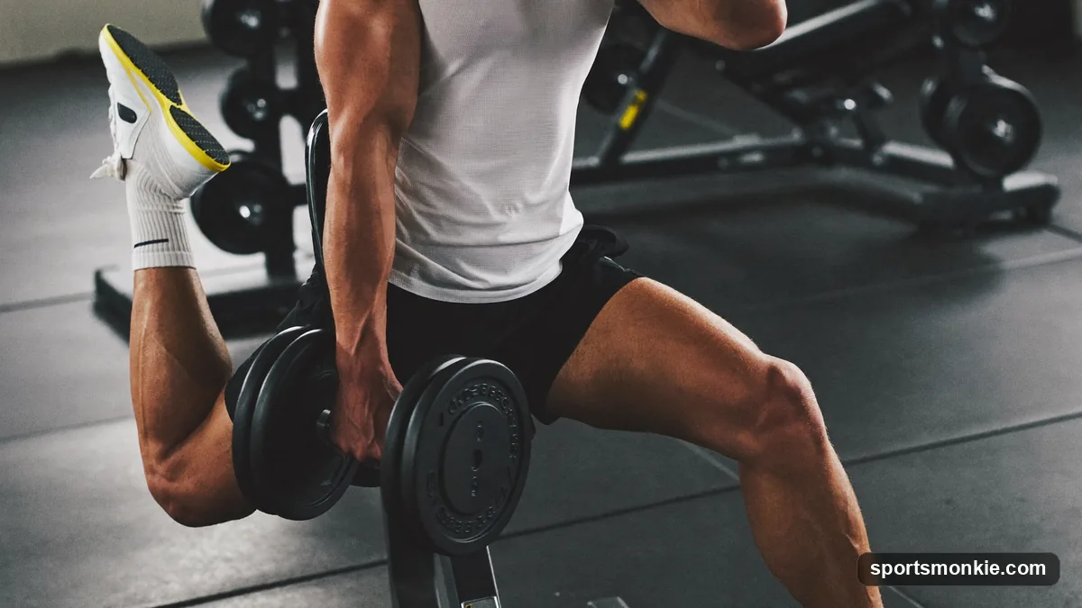 A lifter demonstrating proper Bulgarian split squat form with the rear foot elevated on a bench
