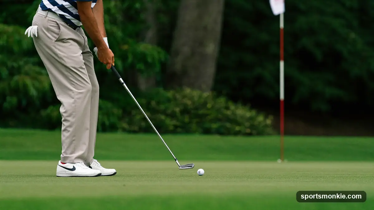 Golfer playing a low chip from the fringe, ball running toward the flag on the green