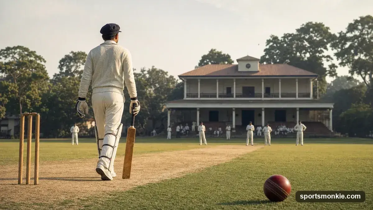 A vintage-style cricket bat and ball on a classic pitch, representing early Indian cricket history