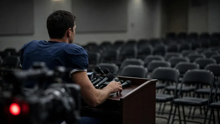 A generic American football quarterback in a navy uniform sitting alone at a press conference podium facing rows of empty chairs while a livestream camera light glows red, editorial graphic