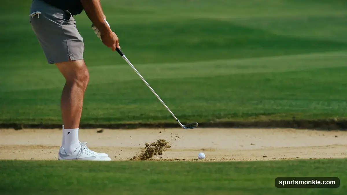 A golfer addressing a ball in a greenside bunker with the clubhead hovering above the sand