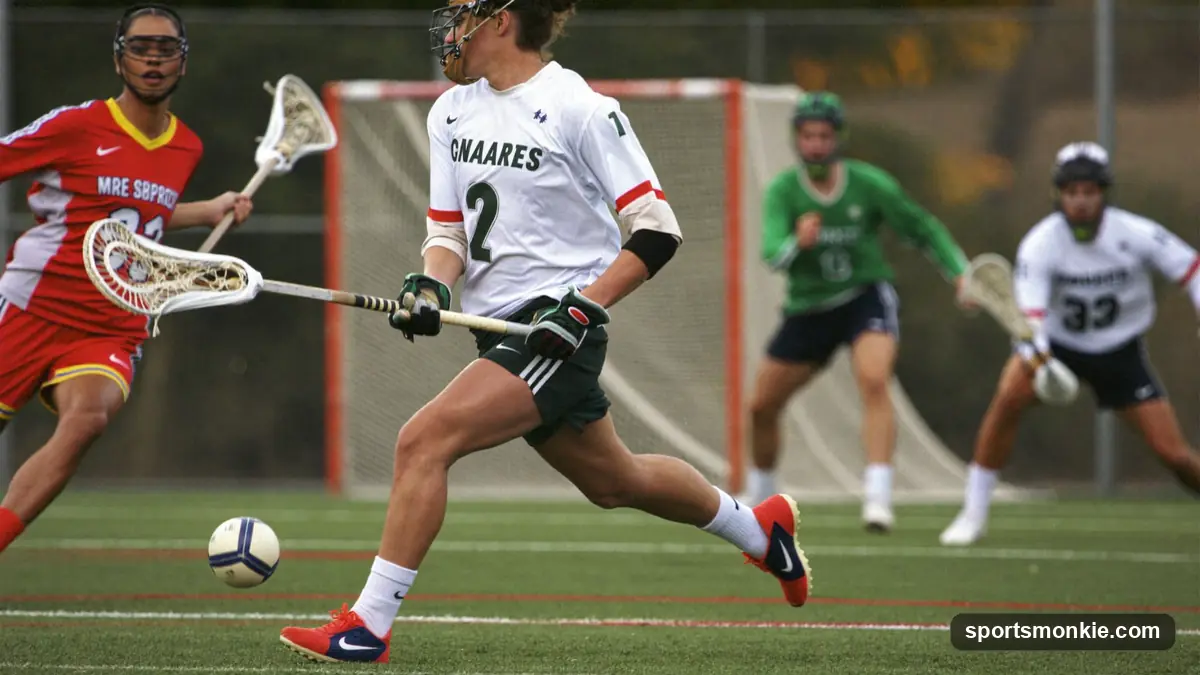 A lacrosse player kicking a loose ball toward the goal during live play as defenders close in