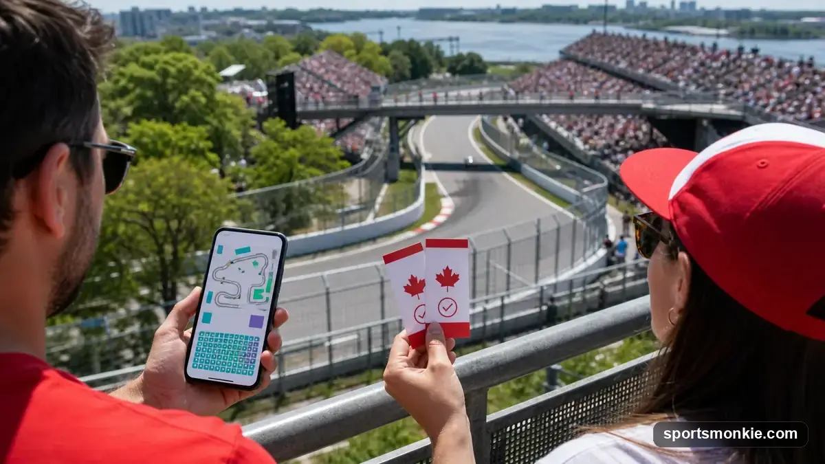 Grandstand crowd watching F1 cars race through the hairpin at Circuit Gilles Villeneuve in Montreal