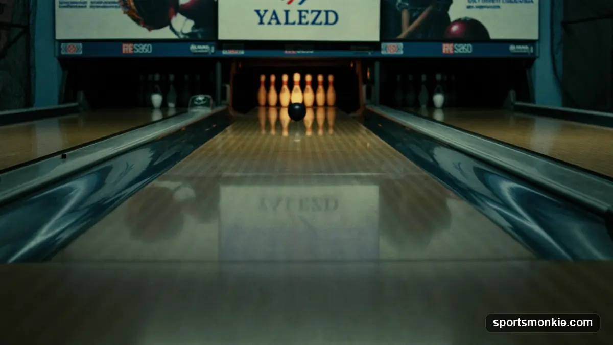 Candlepin bowling lane with tall thin pins and a small handheld ball