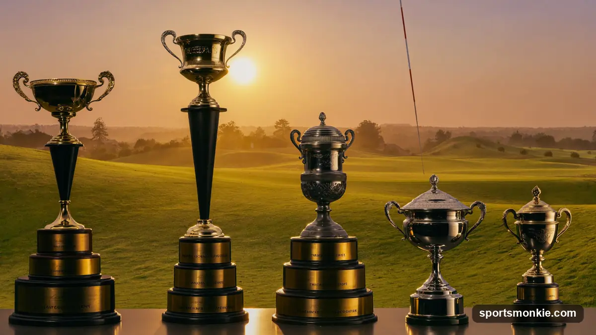Four golf major trophies displayed together representing the career grand slam