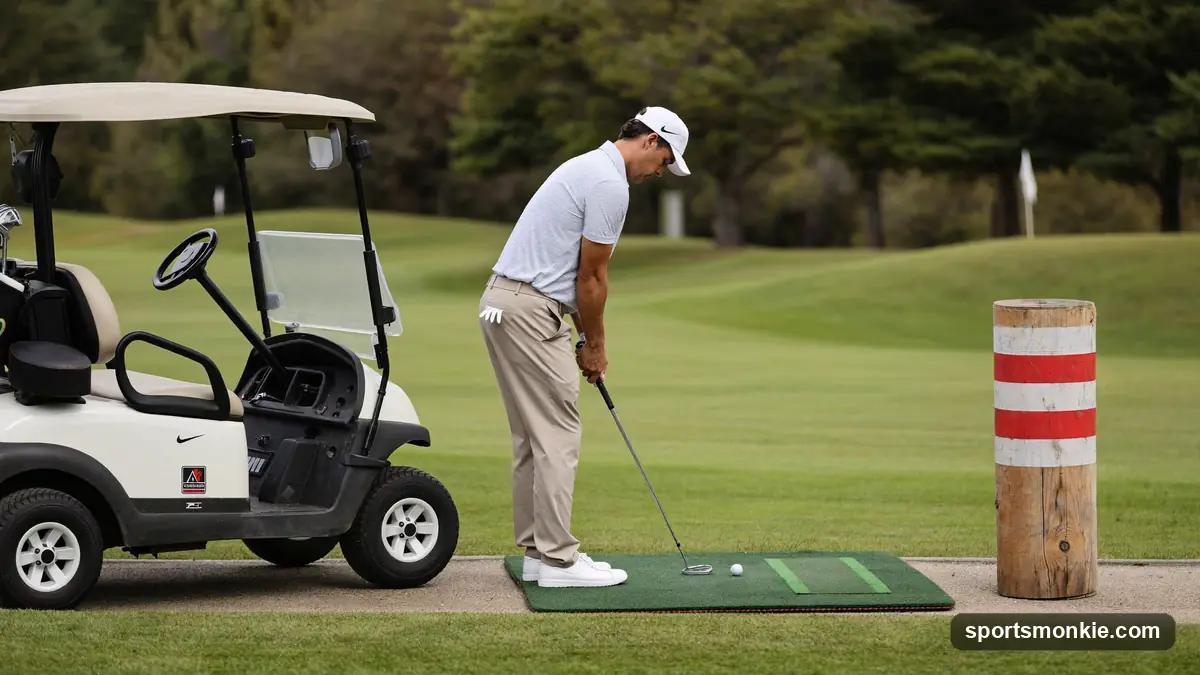 Golfer standing beside a paved cart path preparing to take a free drop near the fairway