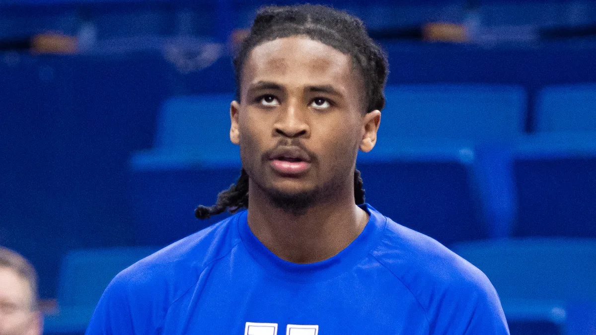 File photo from March 2023 of Cason Wallace warming up in a Kentucky shirt before a college game against Vanderbilt. It predates his time with the Oklahoma City Thunder.
