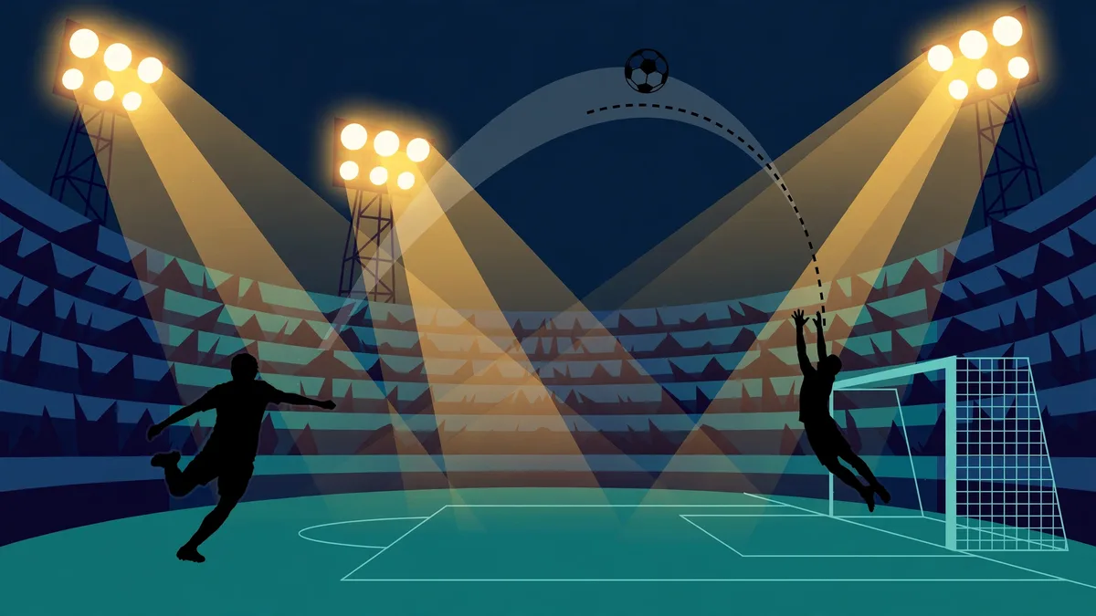 Floodlit soccer stadium at night with a young midfielder silhouette chipping a ball over a goalkeeper, editorial graphic for USMNT vs Mexico