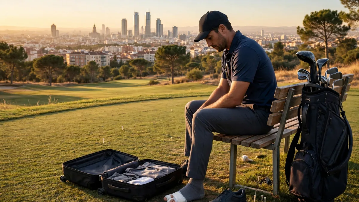A generic professional golfer sitting on a bench beside his golf bag on a golf course above Madrid with one shoe off and two toes wrapped in white medical tape, an open suitcase on the grass beside him, editorial graphic