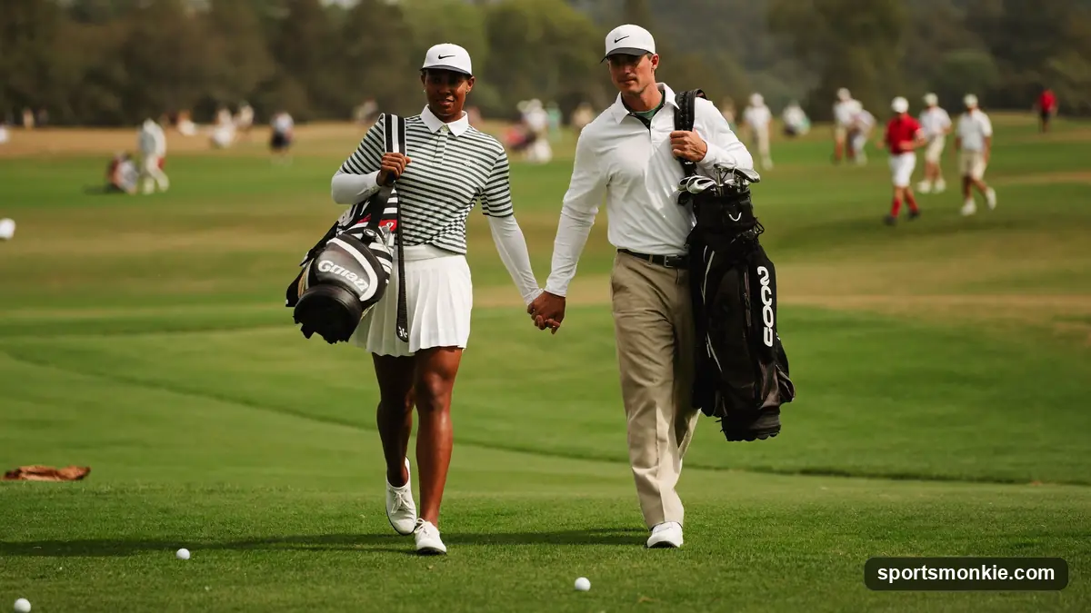Two golfers as playing partners walking a fairway together during a pairs match