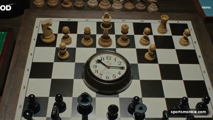 A tournament chessboard with a digital clock and two players' scoresheets during a classical game