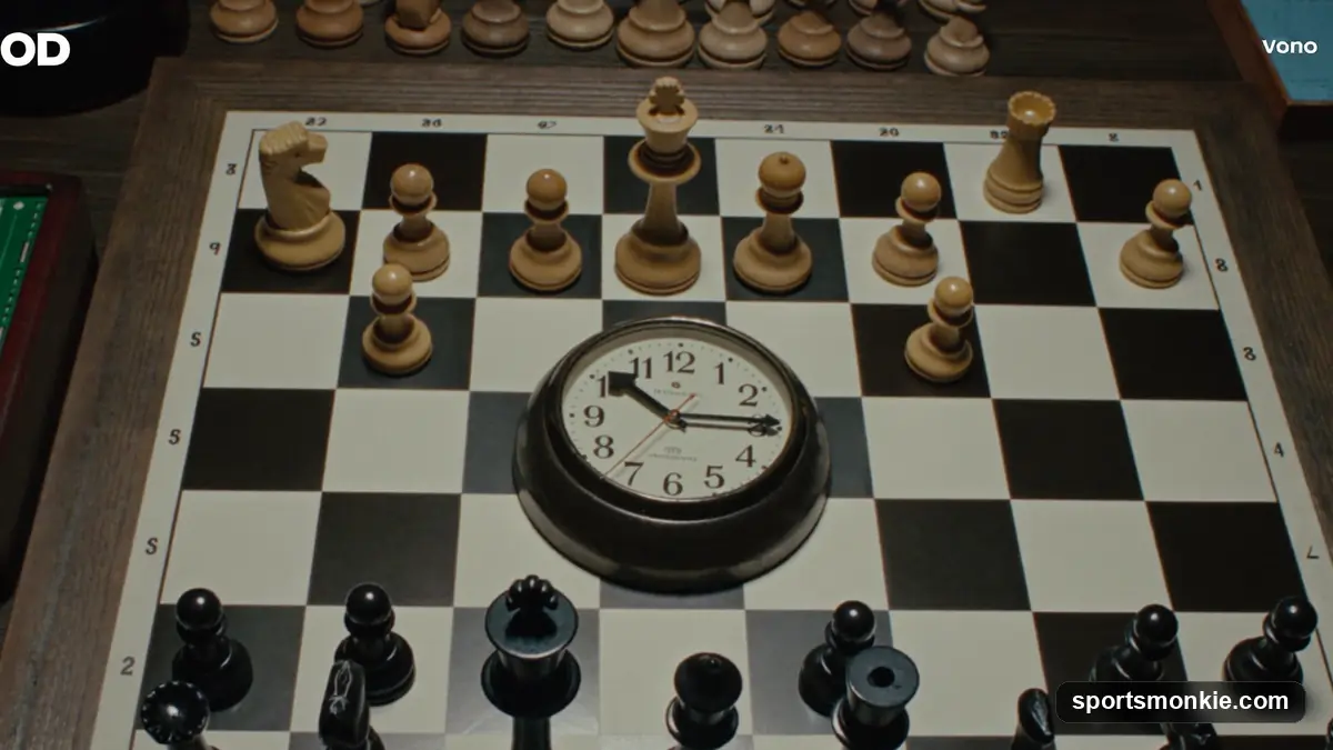 A tournament chessboard with a digital clock and two players' scoresheets during a classical game