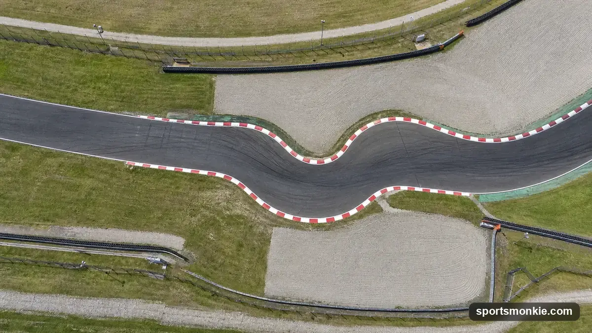 Overhead view of a tight S-shaped chicane section of a racetrack with red-and-white kerbs, empty track, no cars