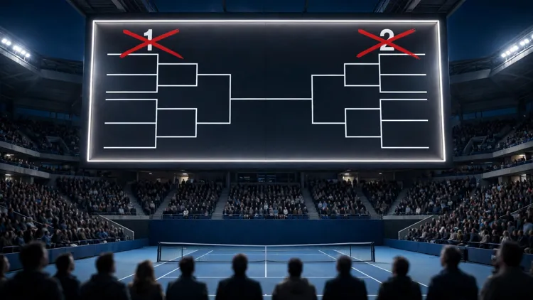 A giant tournament draw board in a tennis stadium with the number 1 and number 2 seed positions crossed out in red above an empty court, editorial graphic