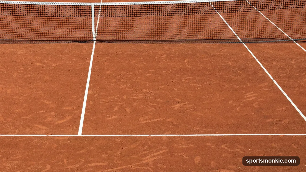 Aerial view of an ochre red clay tennis court with hand-painted white lines and visible ball marks near the baseline