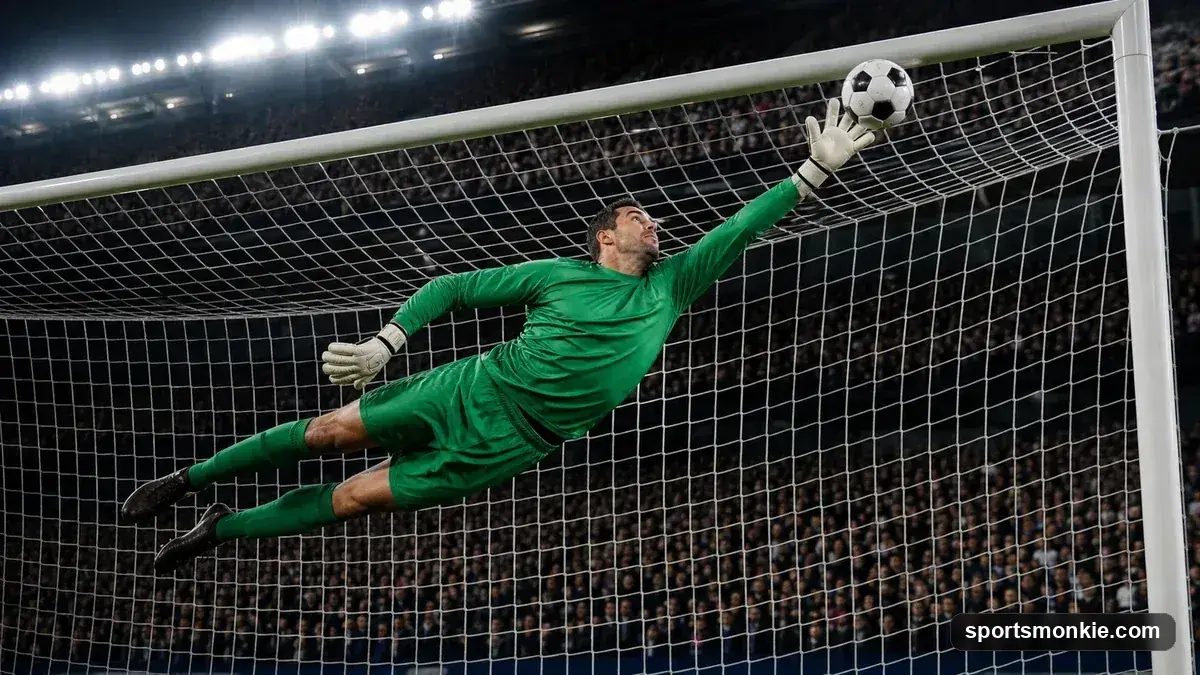 A goalkeeper making a confident diving save, representing a clean sheet in a soccer match