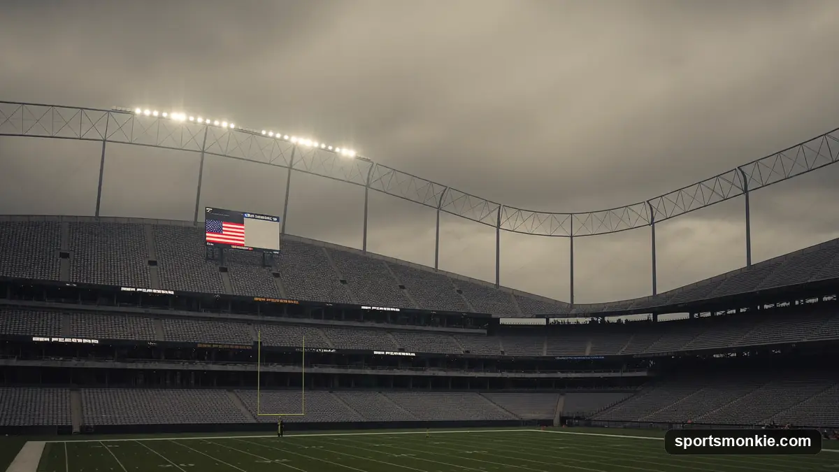 Empty American football stadium with brown and orange seats under a cloudy sky