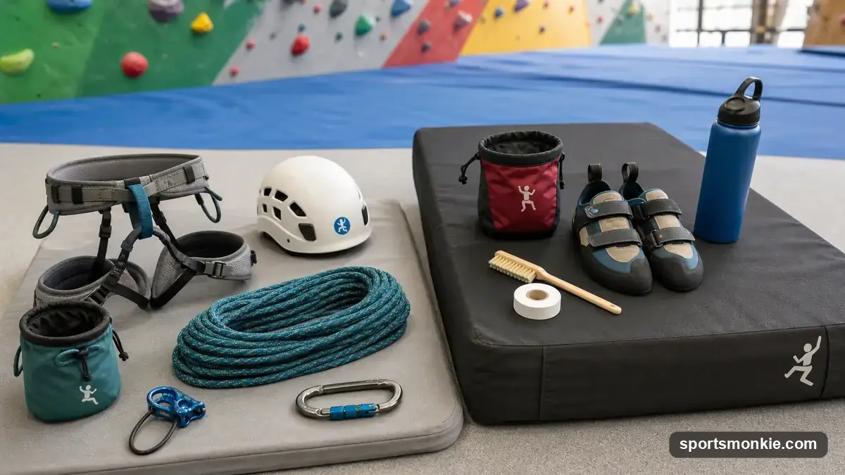 Beginner bouldering gear laid out: climbing shoes, chalk bag, chalk, and a crash pad