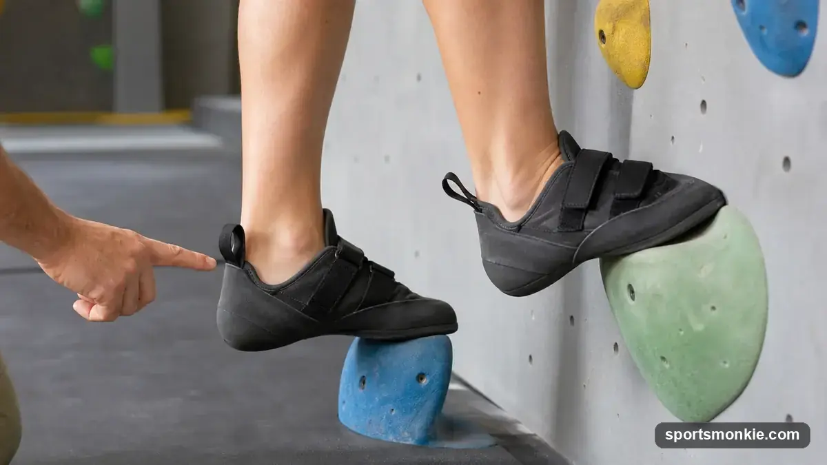 Flat, neutral-profile beginner climbing shoes on a bouldering gym mat