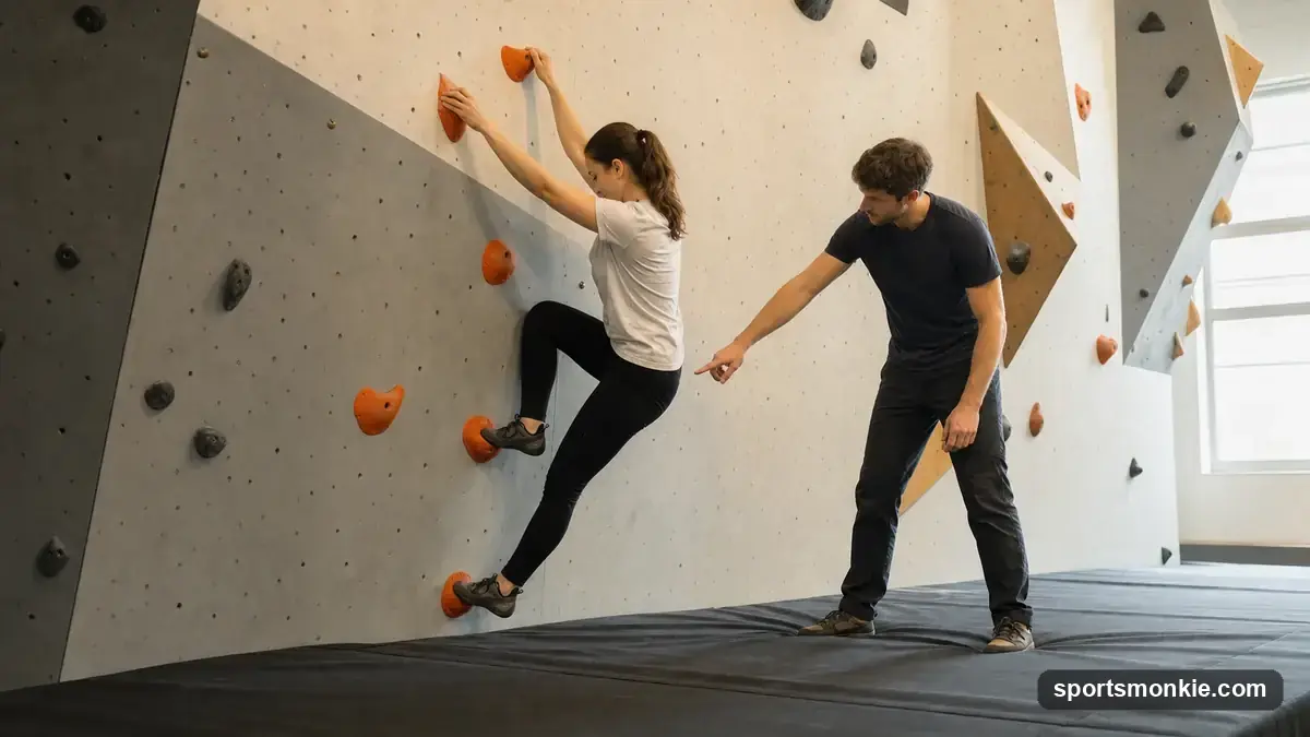 Beginner climber using precise footwork on an indoor bouldering wall